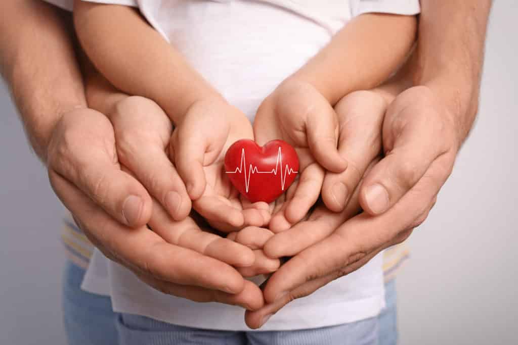 Family holding small red heart in hands together, closeup
