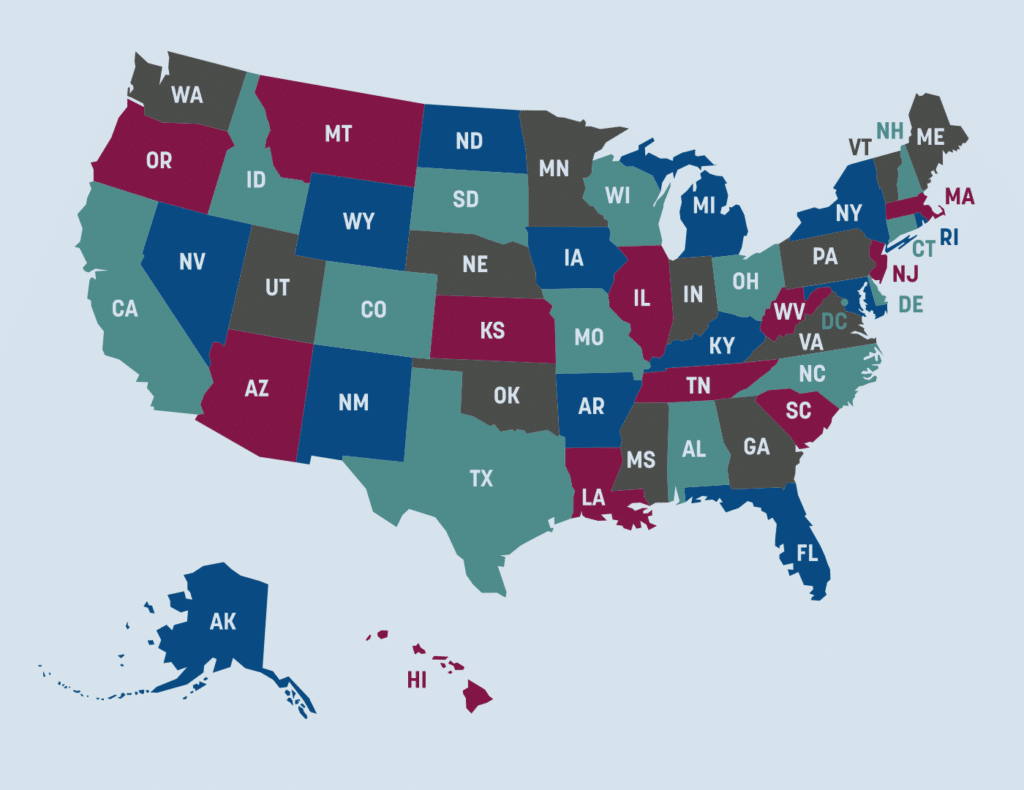 United States Map with AMS Colors: blue, red, teal, & gray